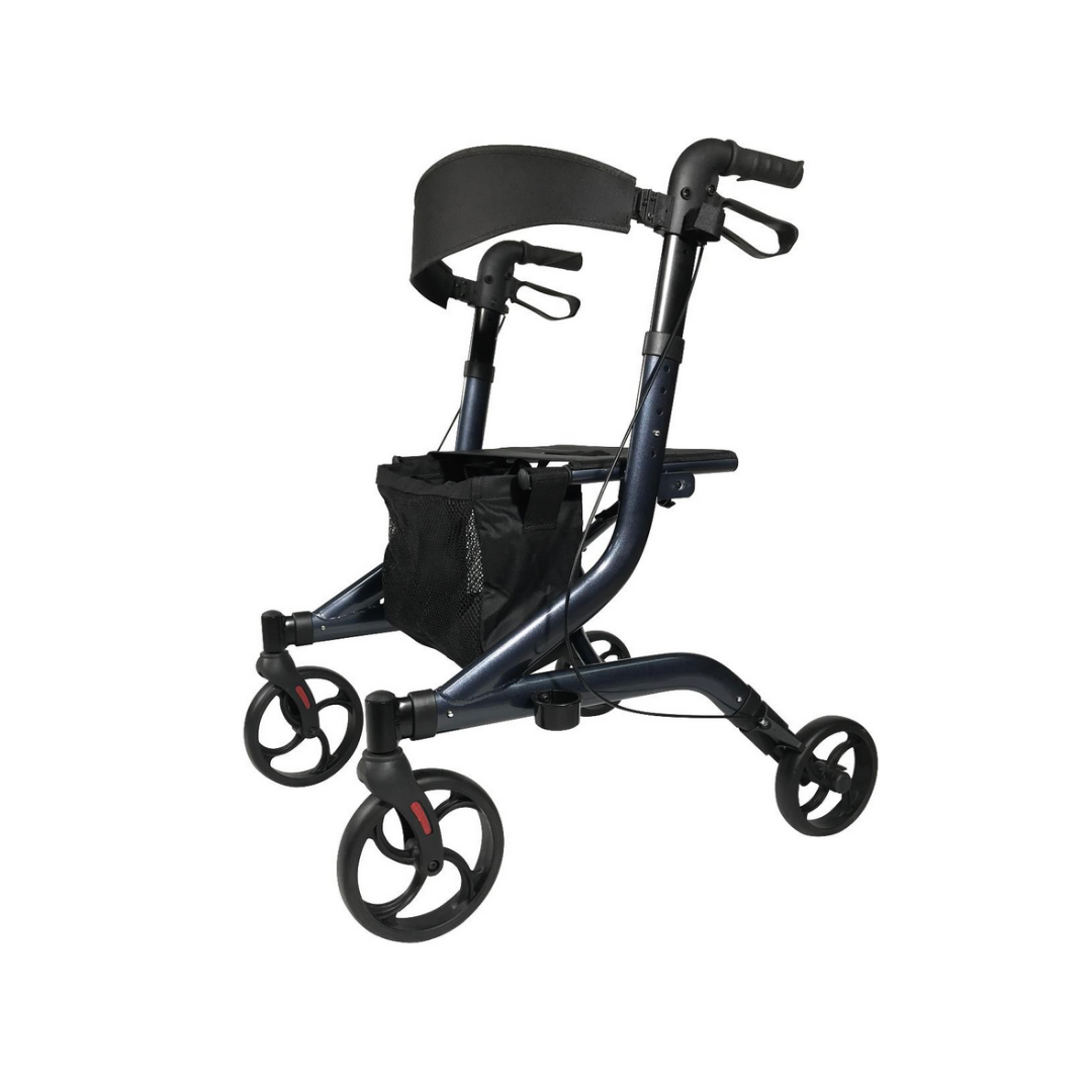 The Medline European-Style Aluminum Ultralite Rollator features four wheels, hand brakes, a padded seat with curved backrest, and a storage pouch—delivering sleek, lightweight mobility support for everyday use.